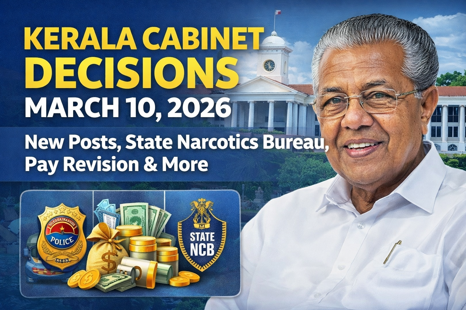 2026 മാർച്ച് 10 മന്ത്രിസഭാ തീരുമാനം: പുതിയ തസ്തികകൾ, NCB രൂപീകരണം, ശമ്പള പരിഷ്കരണം ഉൾപ്പെടെ നിരവധി പ്രധാന തീരുമാനങ്ങൾ